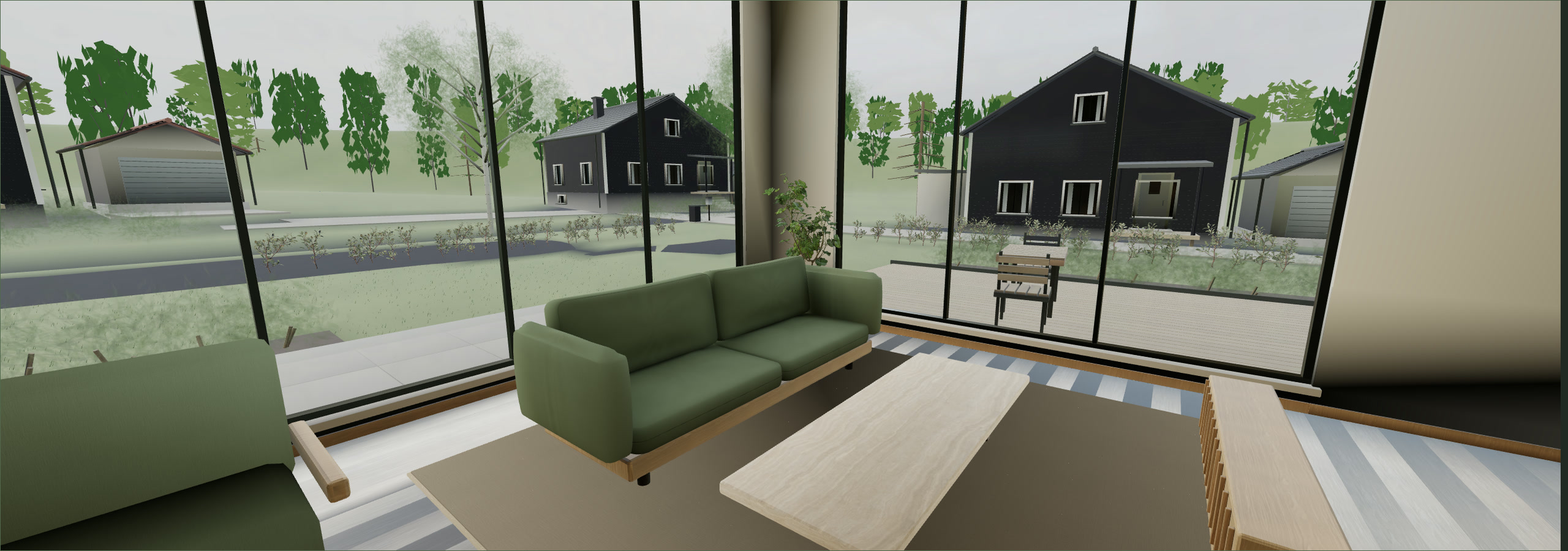 Oppdatert Lyshagen-stue med grønn sofa og trær utenfor vinduene